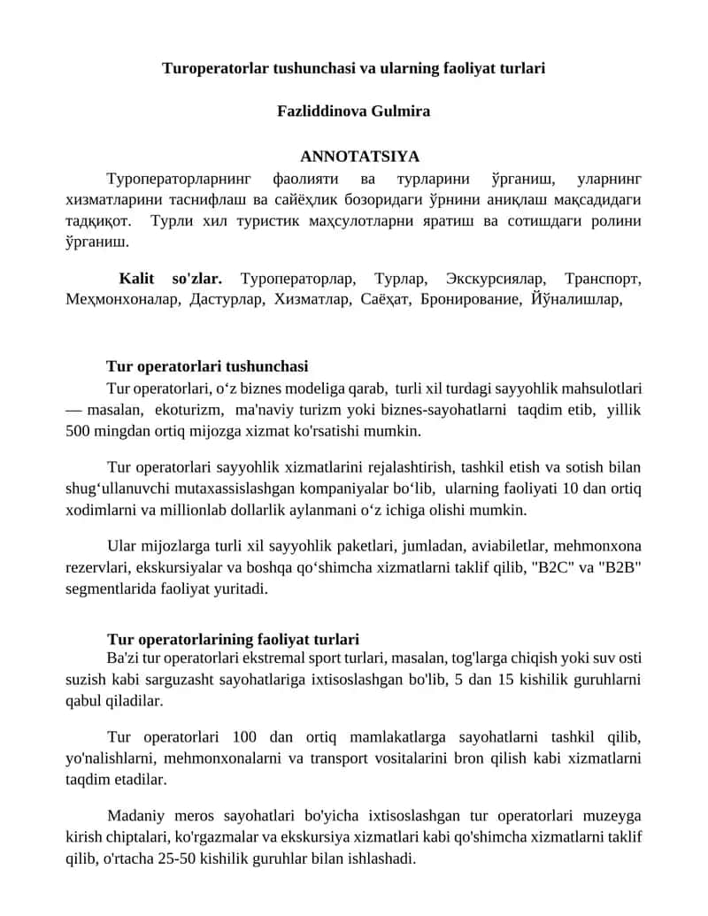 Tur operatorlari tushunchasi va ularning faoliyat turlari 1