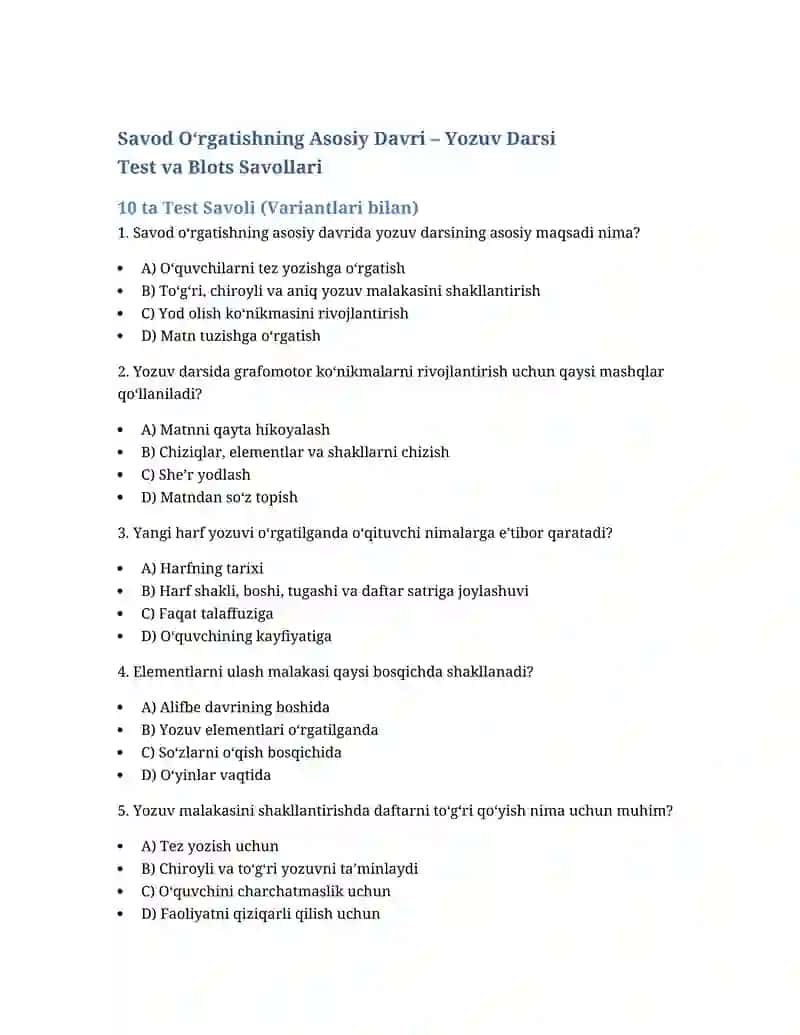 Savod O‘rgatishning Asosiy Davri – Yozuv Darsi 1