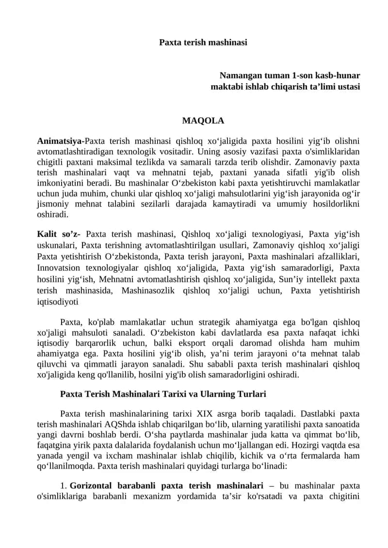 Paxta terish mashinasi 1