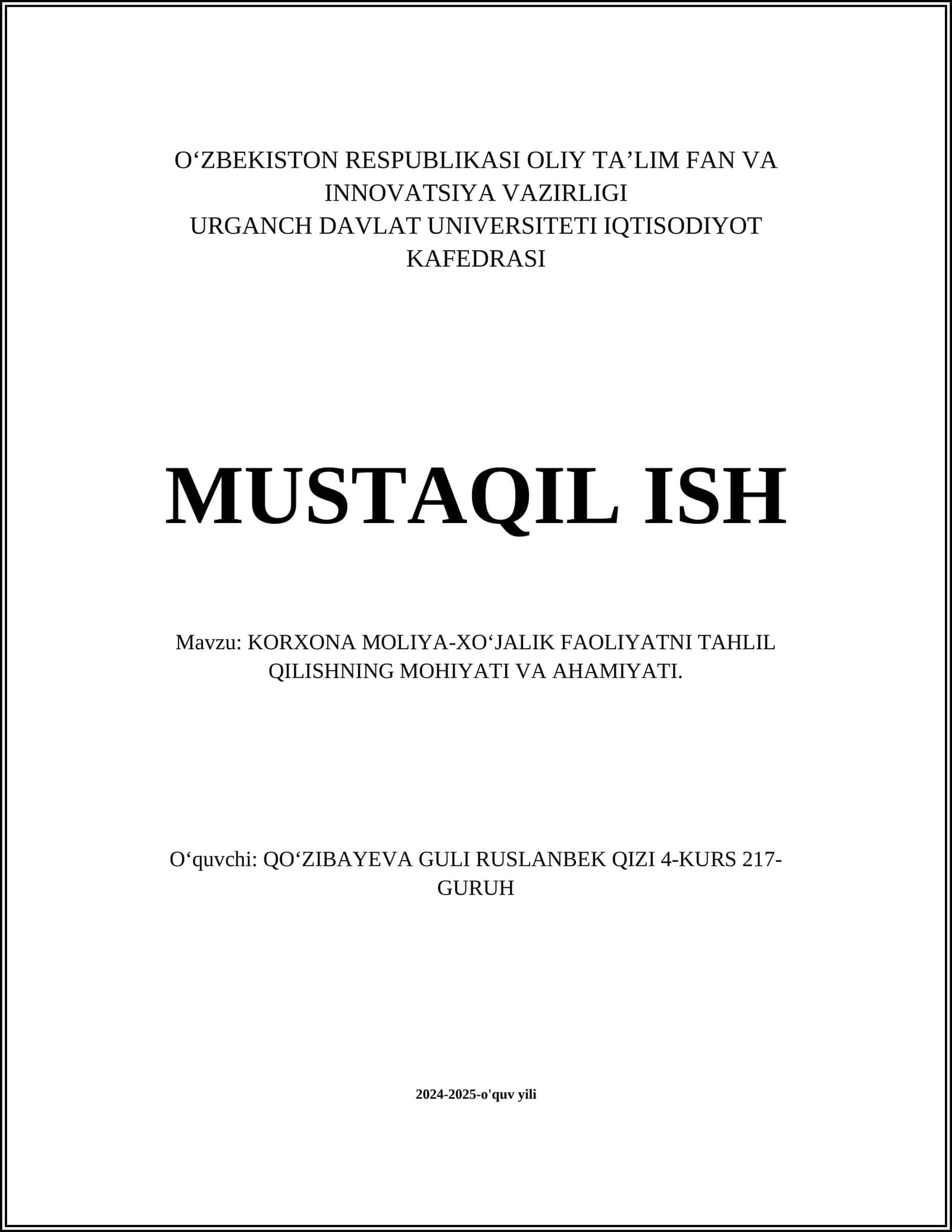 KORXONA MOLIYA-XOʻJALIK FAOLIYATNI TAHLIL QILISHNING MOHIYATI VA AHAMIYATI 1