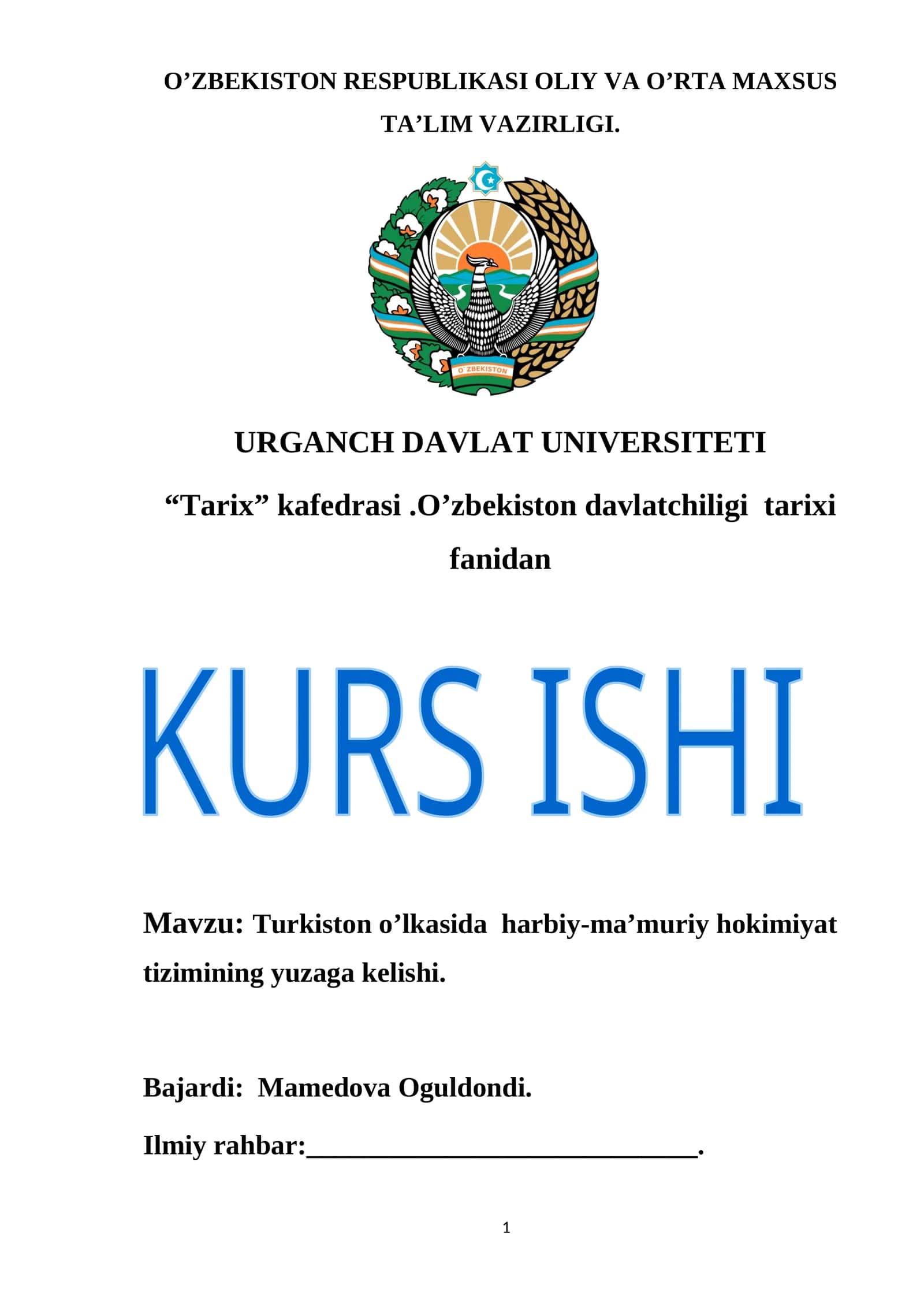 Turkiston o’lkasida harbiy-ma’muriy hokimiyat tizimining yuzaga kelishi 1