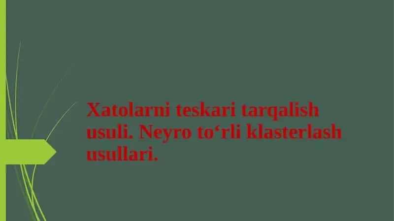 Xatolarni teskari tarqalish usuli. Neyro toʻrli klasterlash usullari. 1