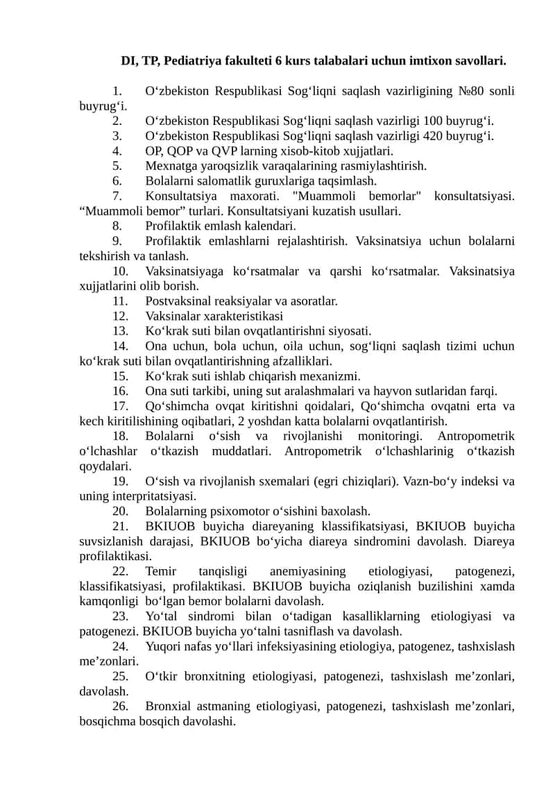 Pediatriya fakulteti 6 kurs talabalari imtixon savollari 1
