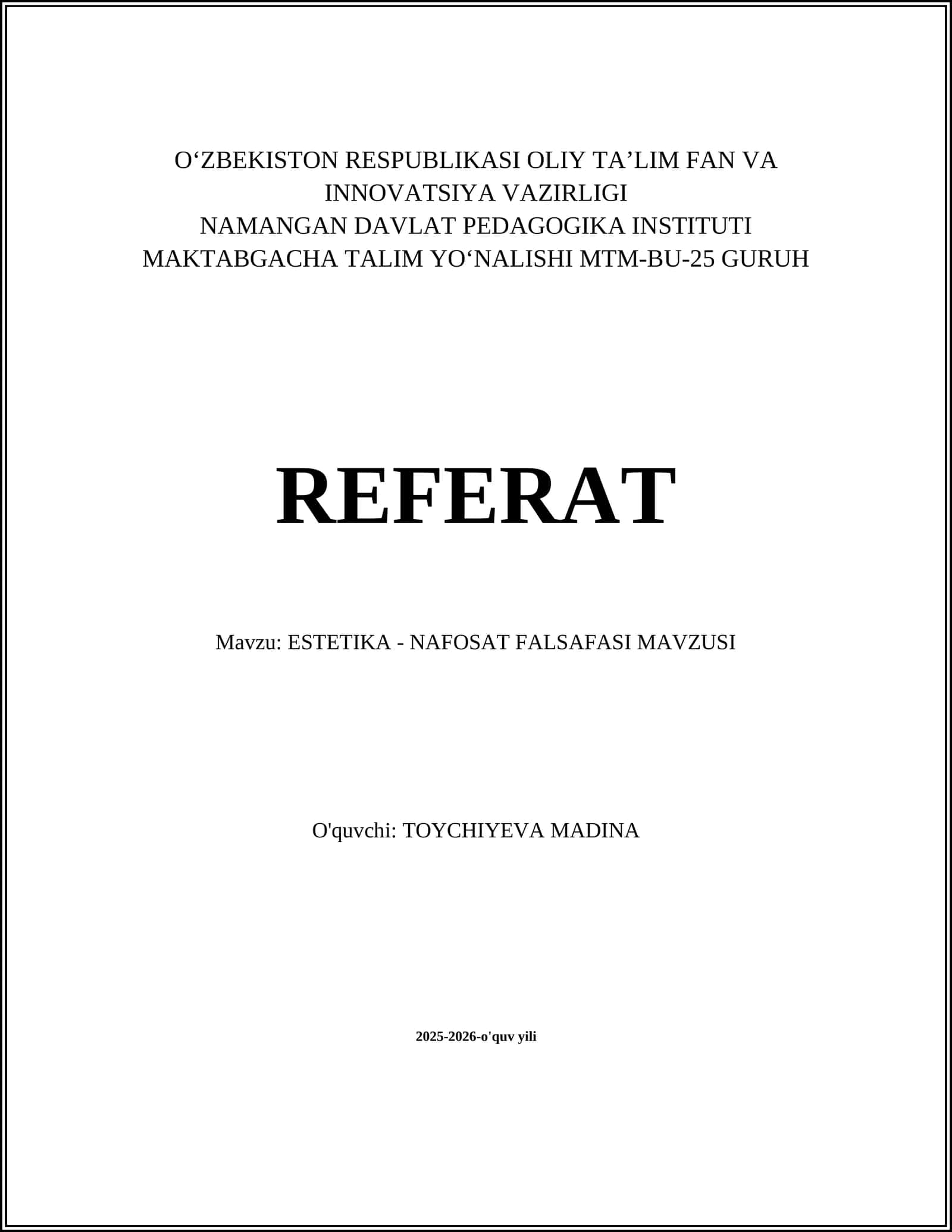 ESTETIKA - NAFOSAT FALSAFASI MAVZUSI 1
