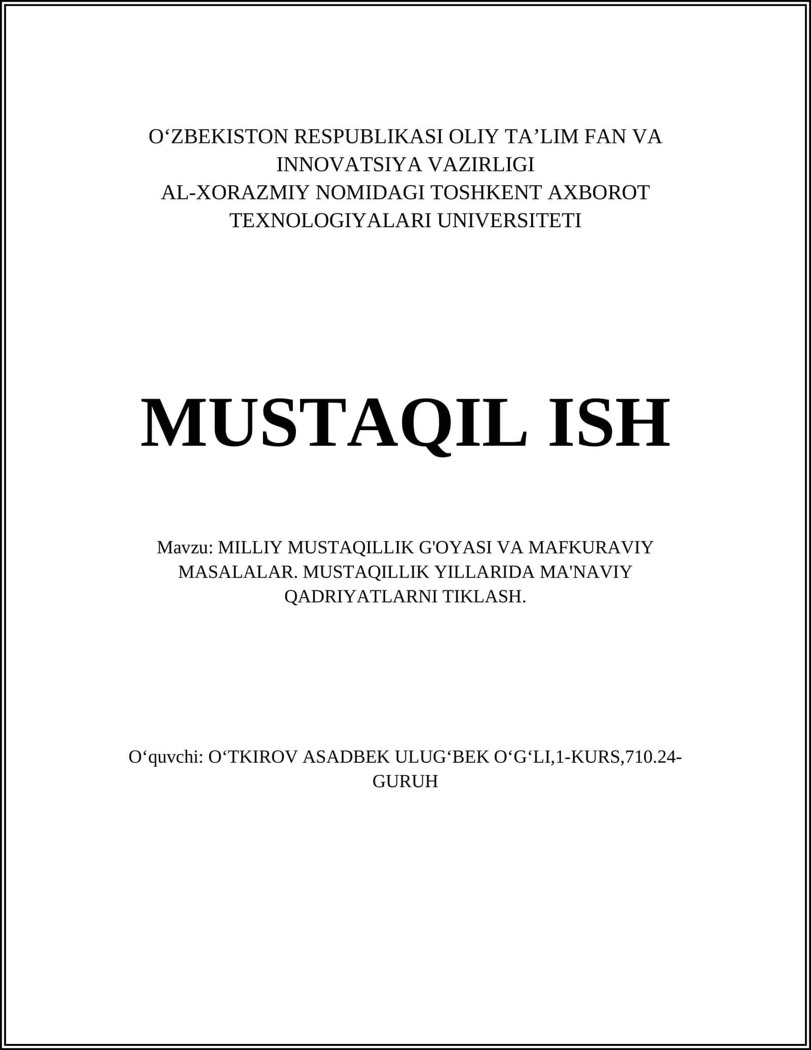 MILLIY MUSTAQILLIK G'OYASI VA MAFKURAVIY MASALALAR 1