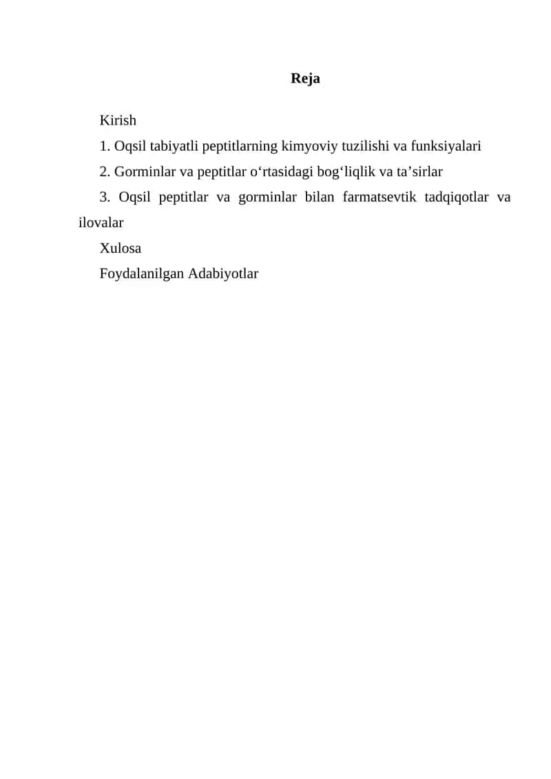 Oqsil tabiyatli peptitlarning kimyoviy tuzilishi va funksiyalari 1