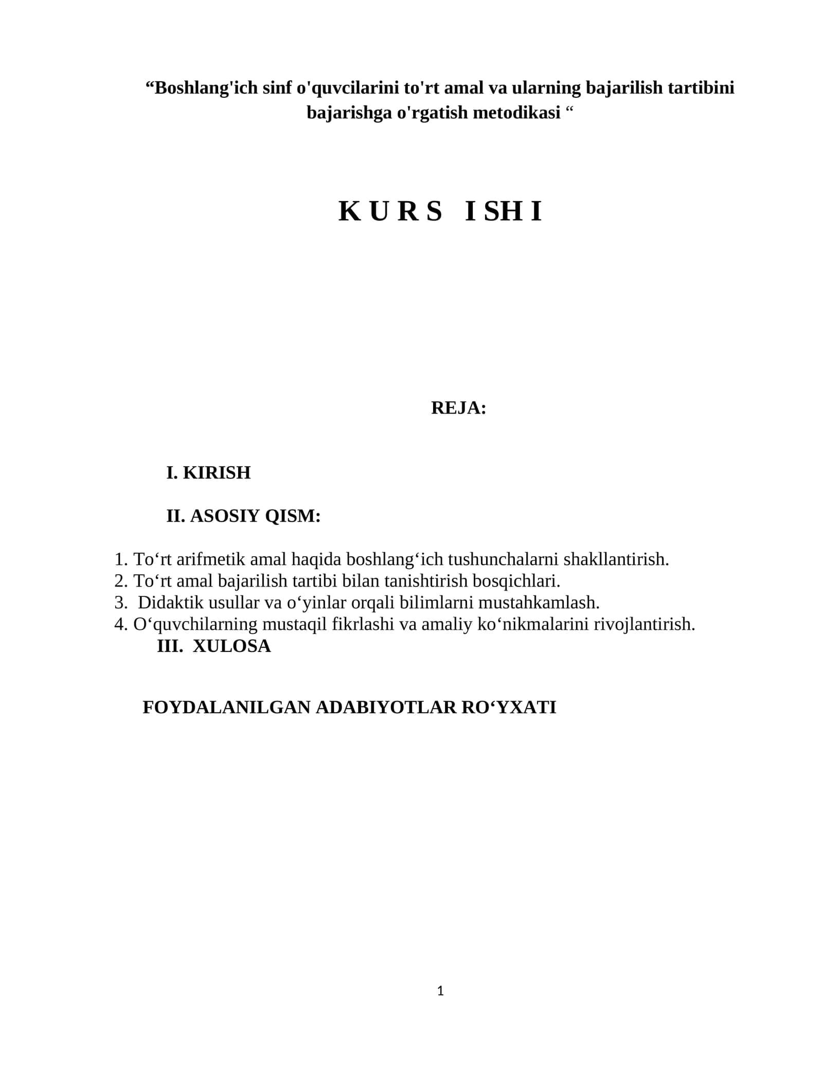Boshlang'ich sinf o'quvcilarini to'rt amal va ularning bajarilish tartibini bajarishga o'rgatish metodikasi 1