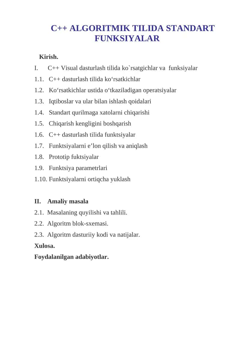 C++ ALGORITMIK TILIDA STANDART FUNKSIYALAR 1