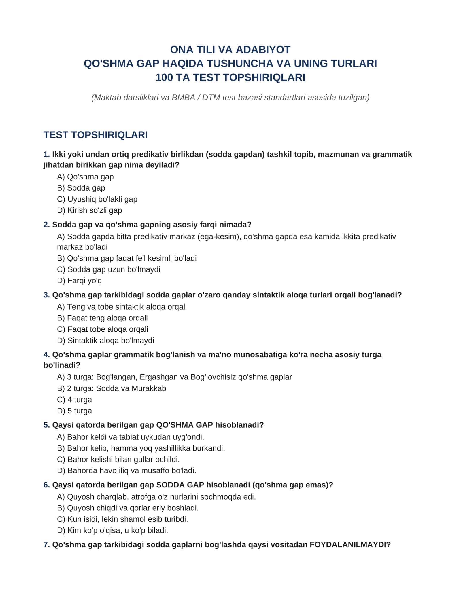 QO'SHMA GAP HAQIDA TUSHUNCHA VA UNING TURLARI  100 TA TEST TOPSHIRIQLARI VA JAVOBLARI 1