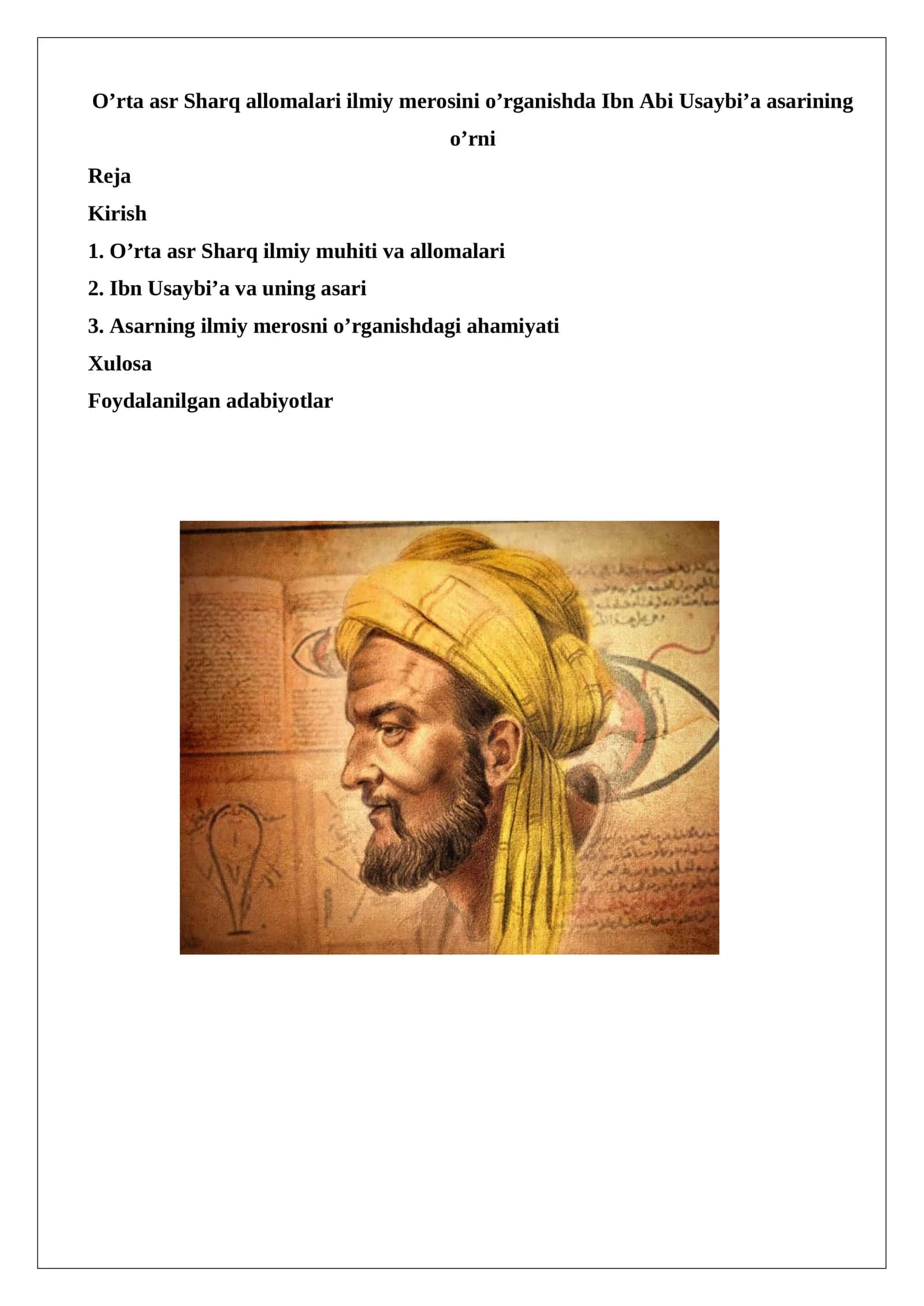 O’rta asr Sharq allomalari ilmiy merosini o’rganishda Ibn Abi Usaybi’a asarining o’rni 1