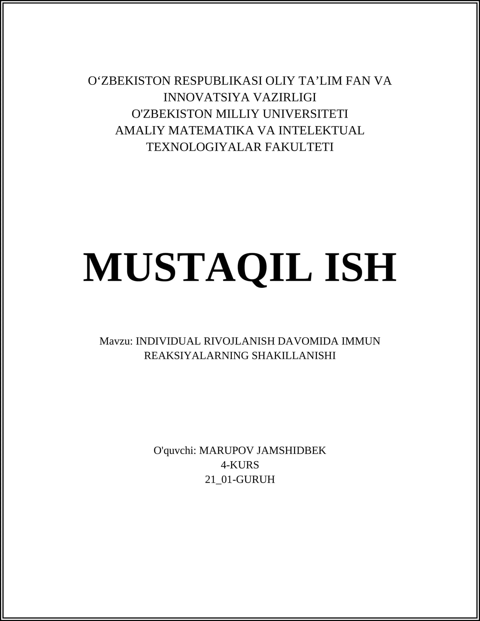 INDIVIDUAL RIVOJLANISH DAVOMIDA IMMUN REAKSIYALARNING SHAKILLANISHI 1