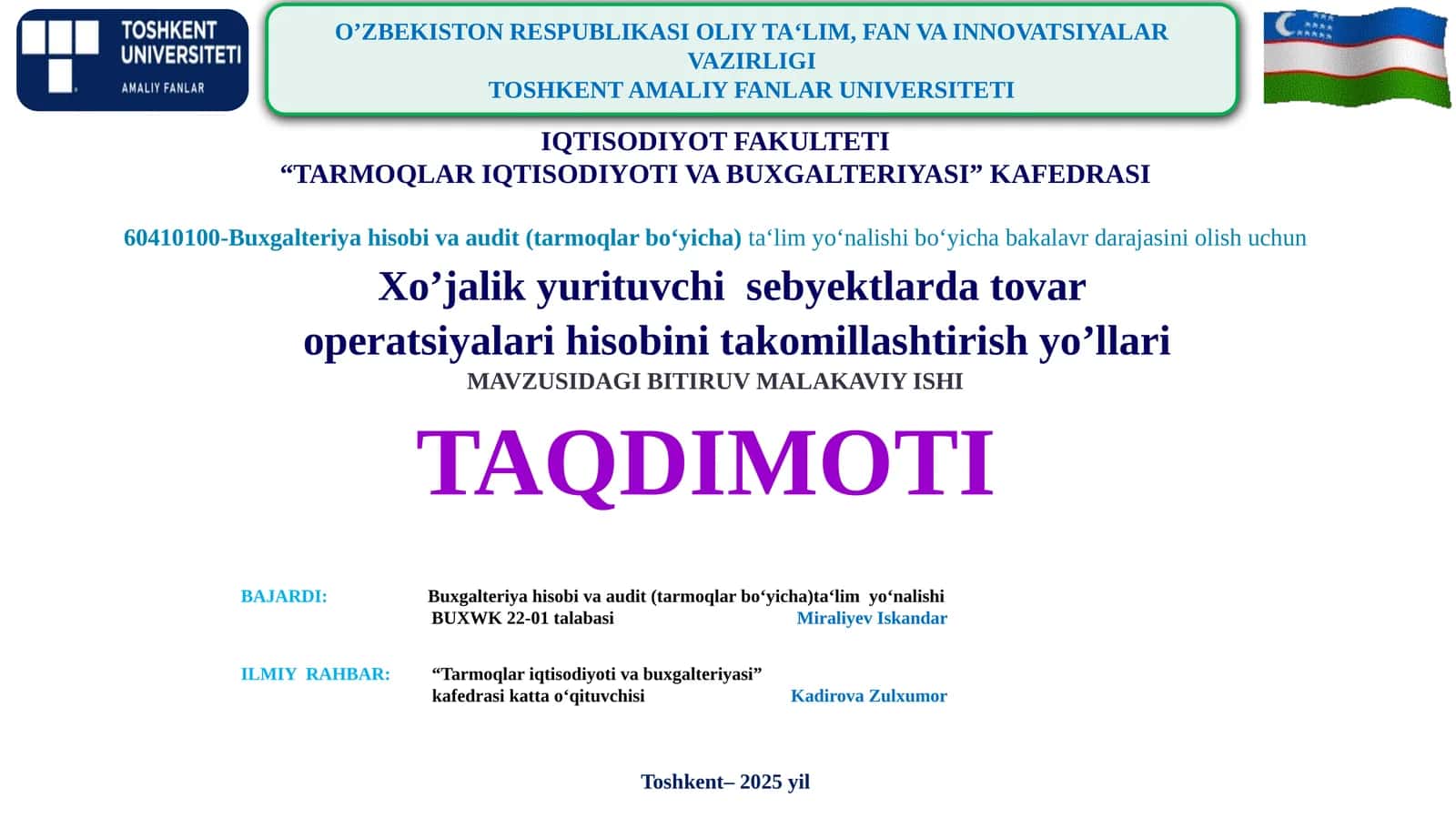 Xo’jalik yurituvchi  sebyektlarda tovar  operatsiyalari hisobini takomillashtirish yo’llari 1
