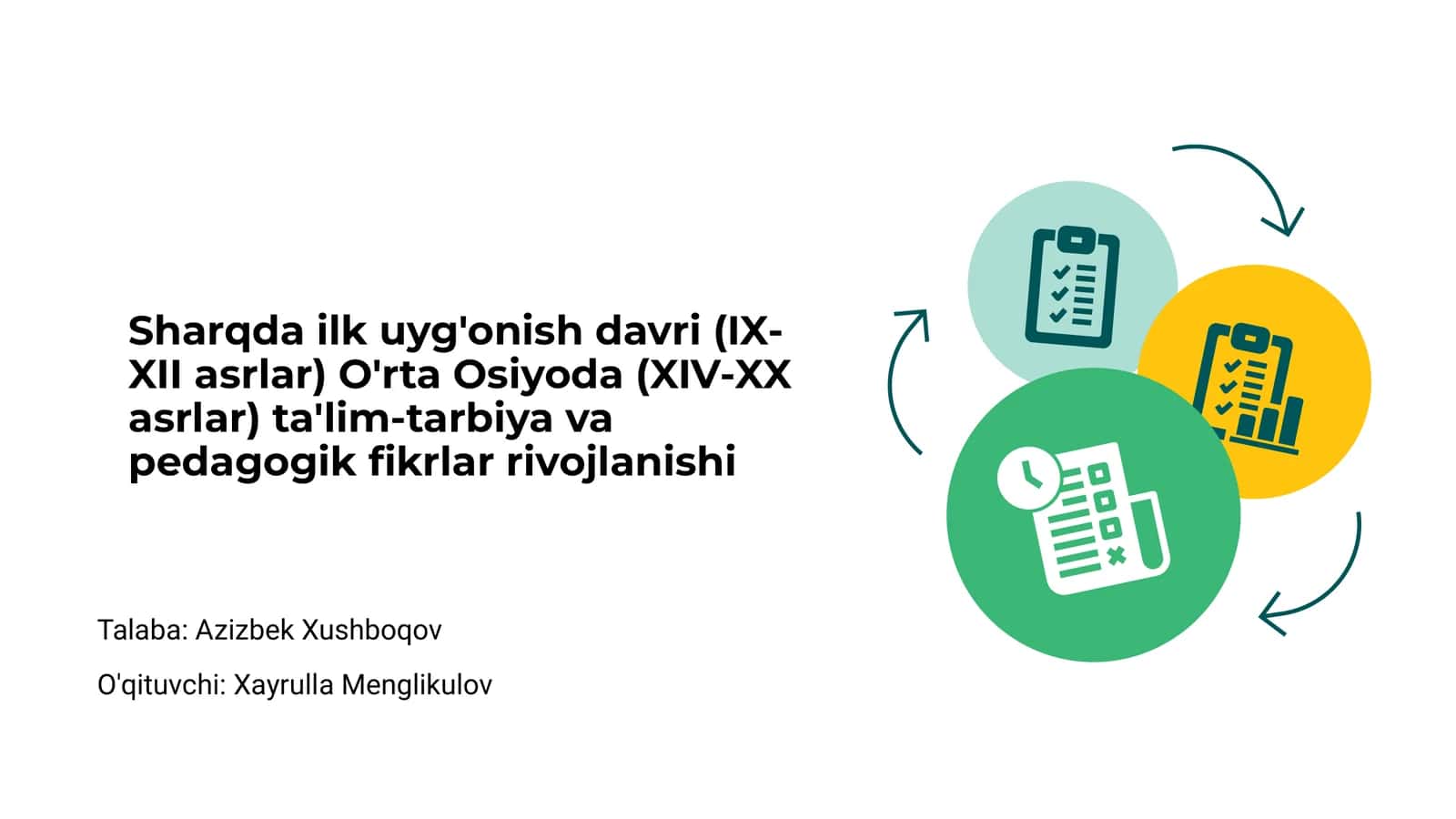 Sharqda ilk uyg'onish davri (IX-XII asrlar) O'rta Osiyoda (XIV-XX asrlar) ta'lim-tarbiya va pedagogik fikrlar rivojlanishi 1