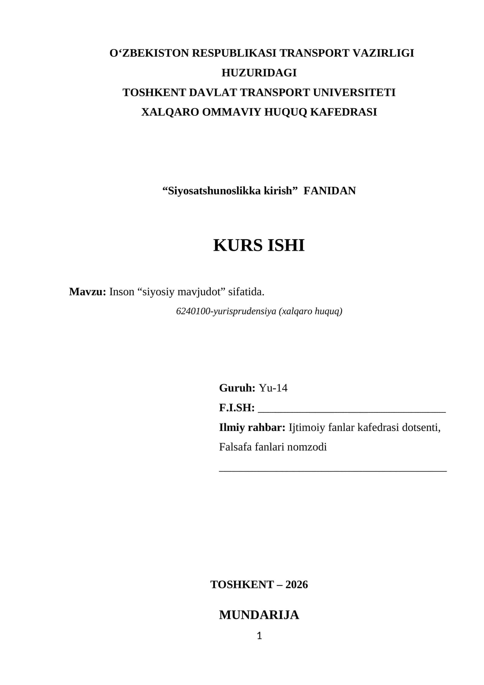 Insonning "siyosiy mavjudot" sifatida - kurs ishi 1