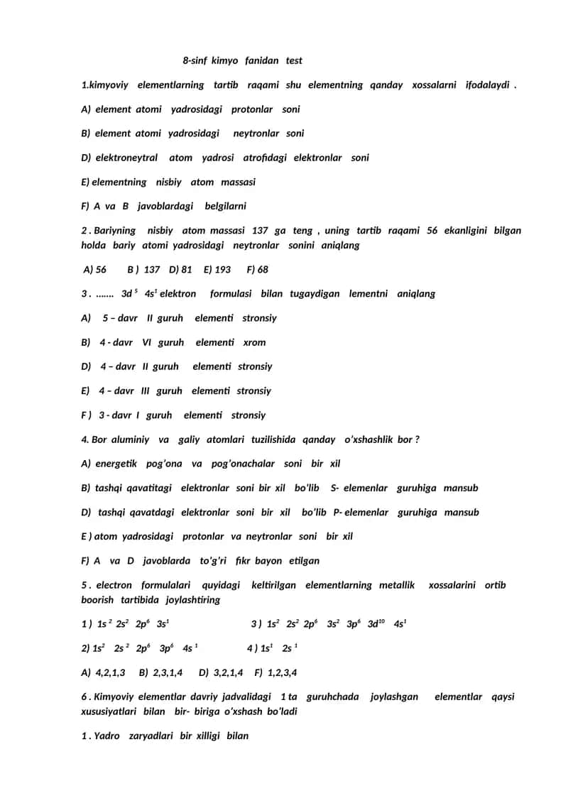 8-sinf kimyo fanidan test 1