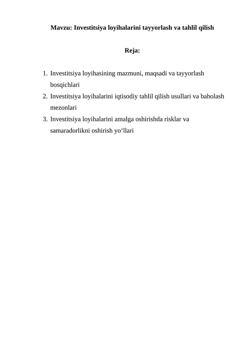 Investitsiya loyihalarini tayyorlash va tahlil qilish 1