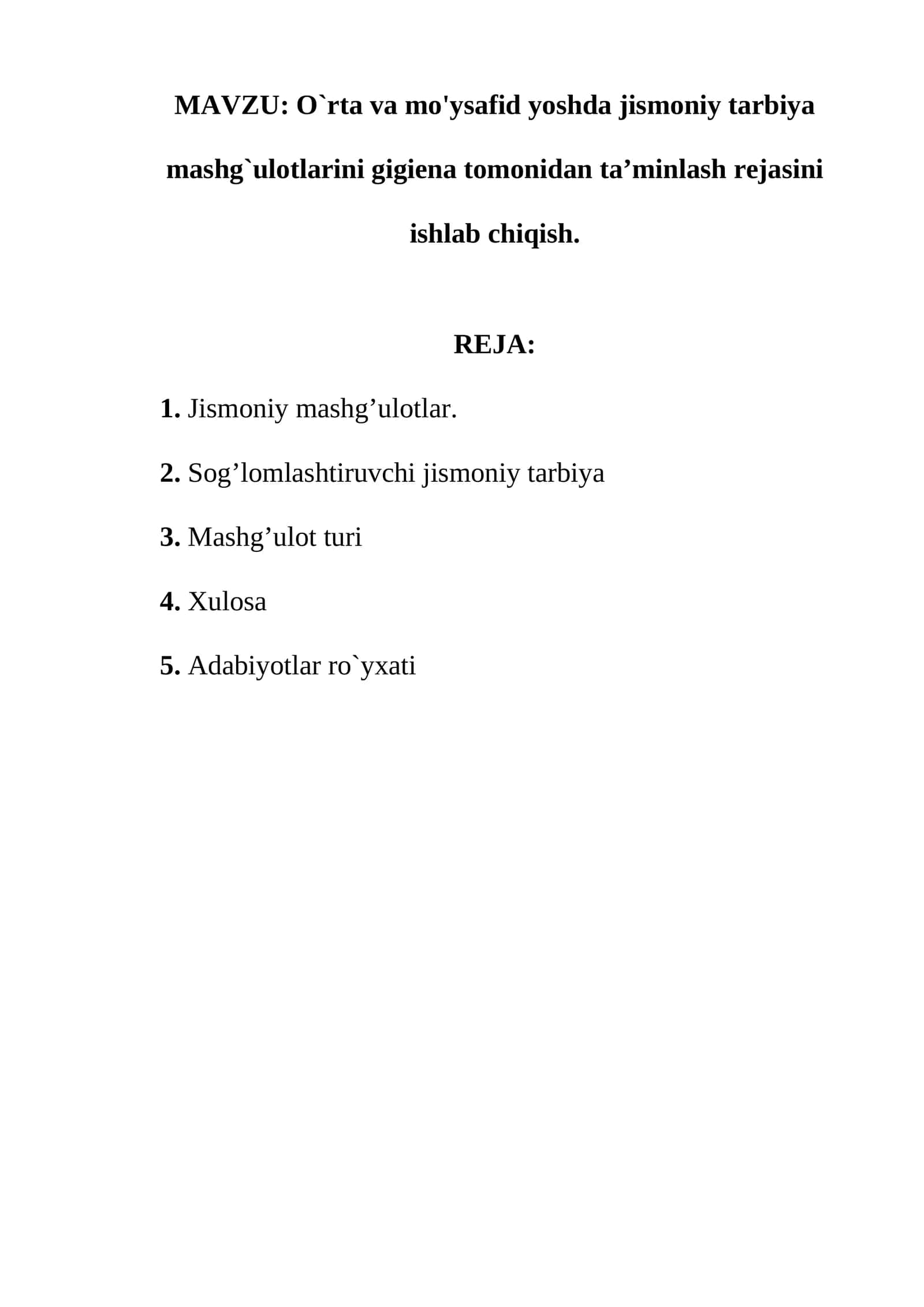 O`rta va mo'ysafid уoshda jismoniy tarbiya mashg`ulotlarini gigiena tomonidan ta’minlash rejasini ishlab chiqish 1