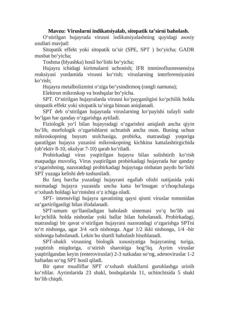 Viruslarni indikatsiyalab, sitopatik ta’sirni baholash 1