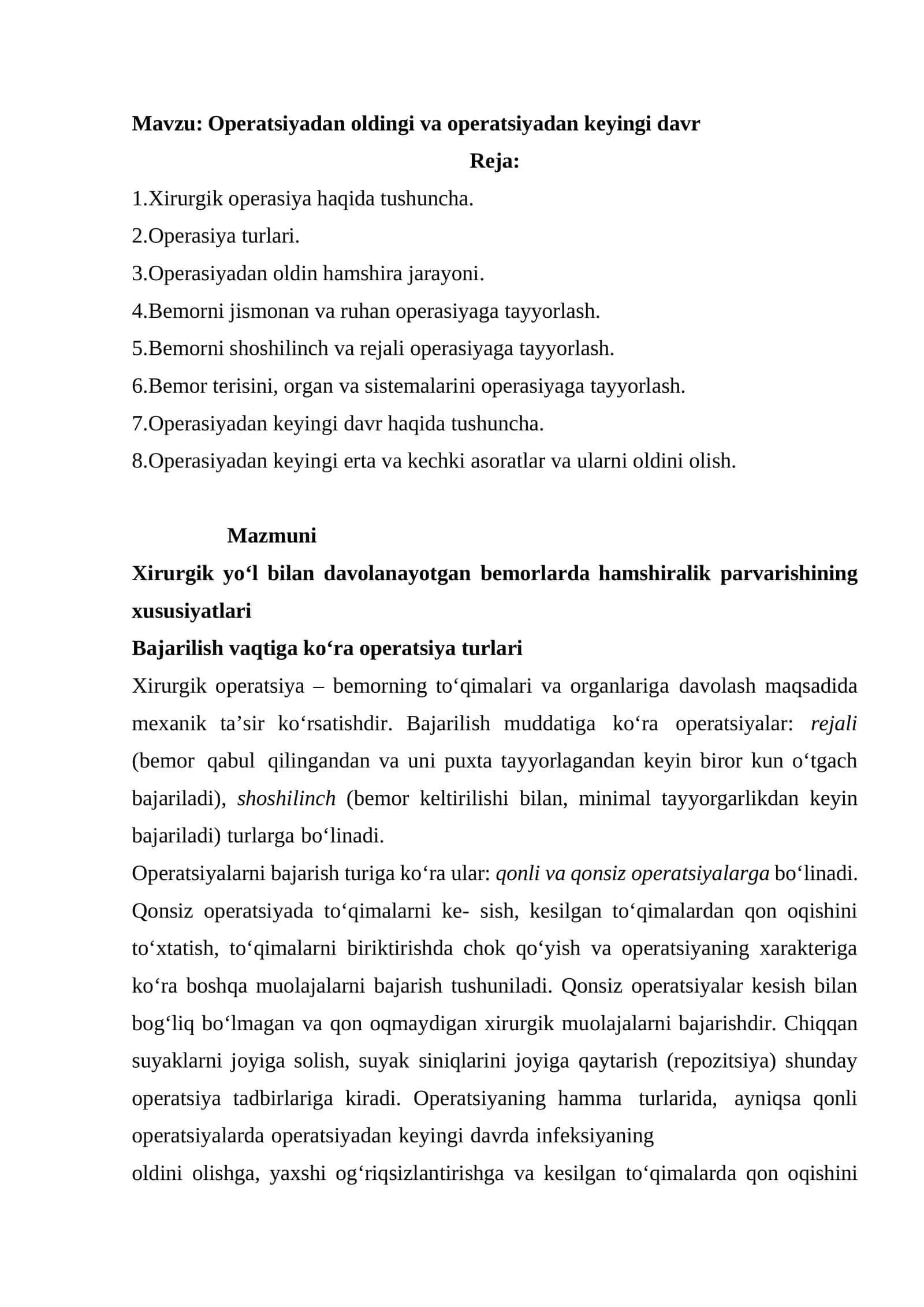 Operatsiyadan oldingi va operatsiyadan keyingi davr 1