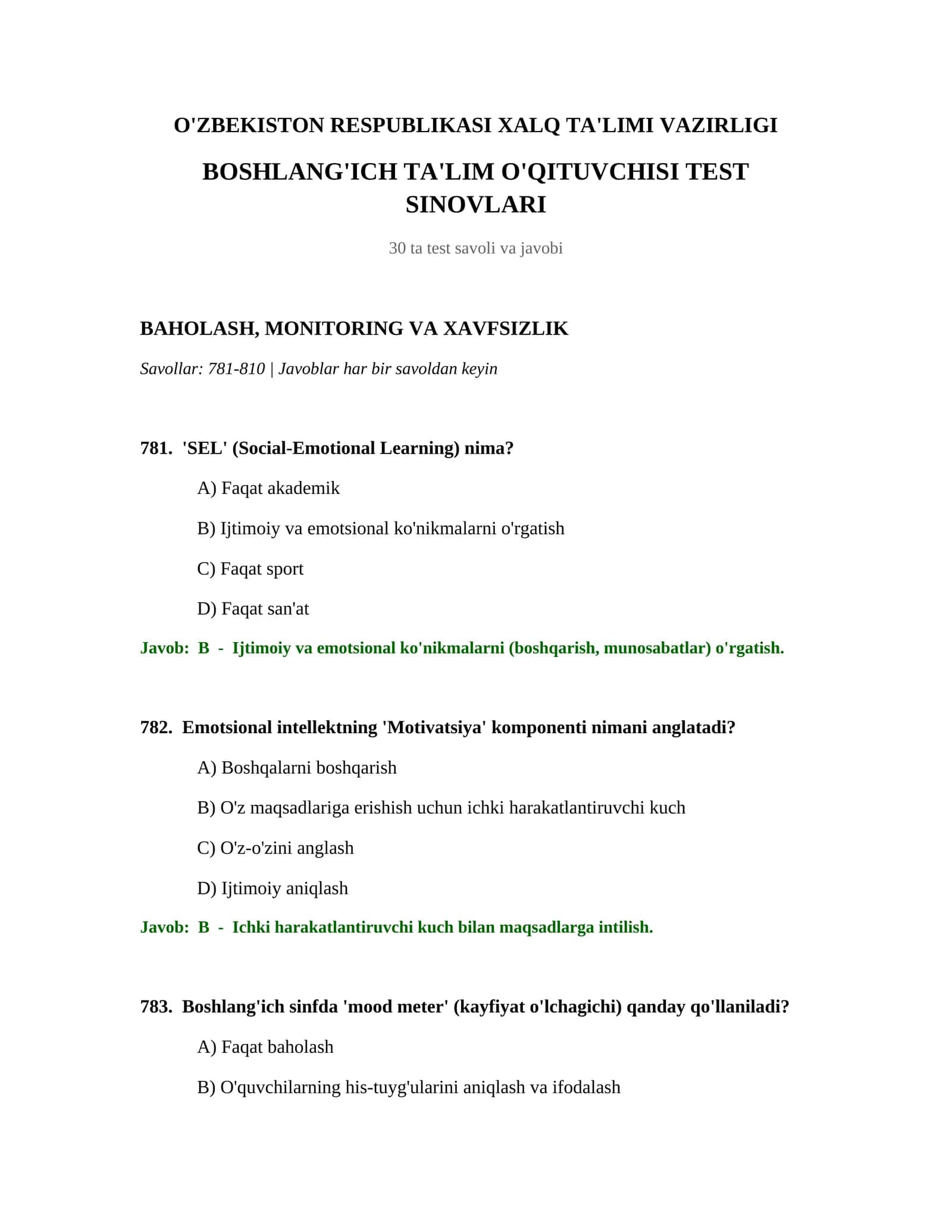 BOSHLANG'ICH TA'LIM O'QITUVCHISI TEST SINOVLARI 1