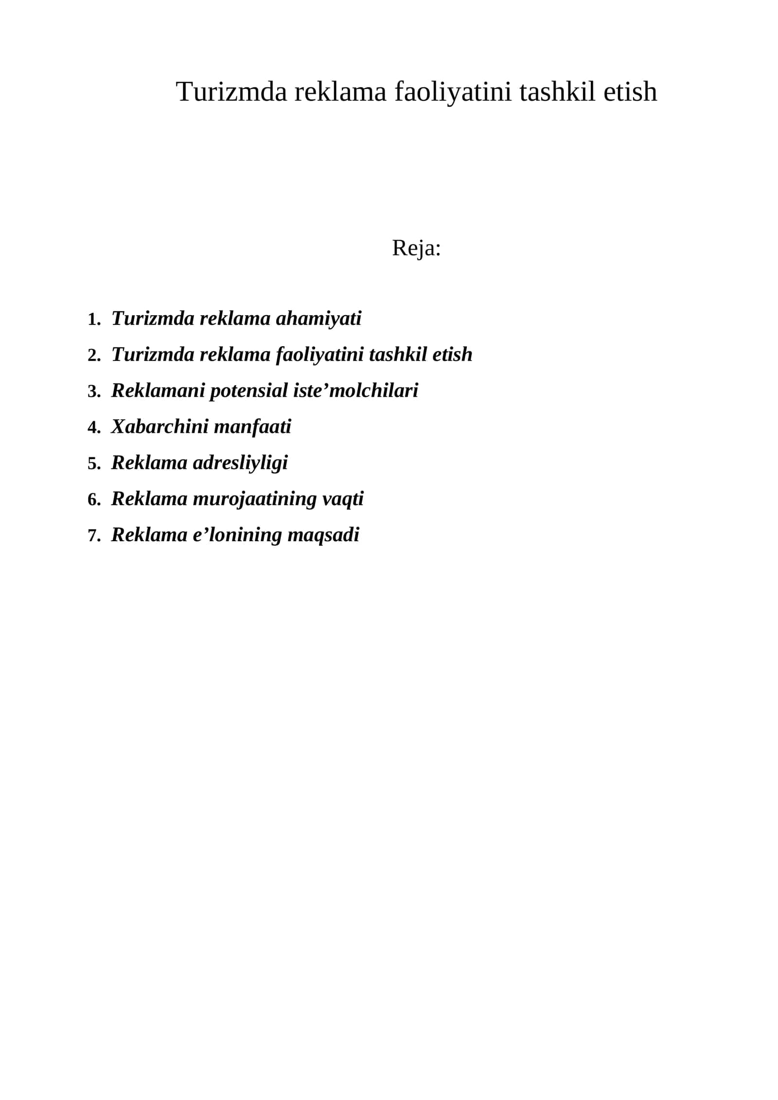 Turizmda reklama faoliyatini tashkil etish 1