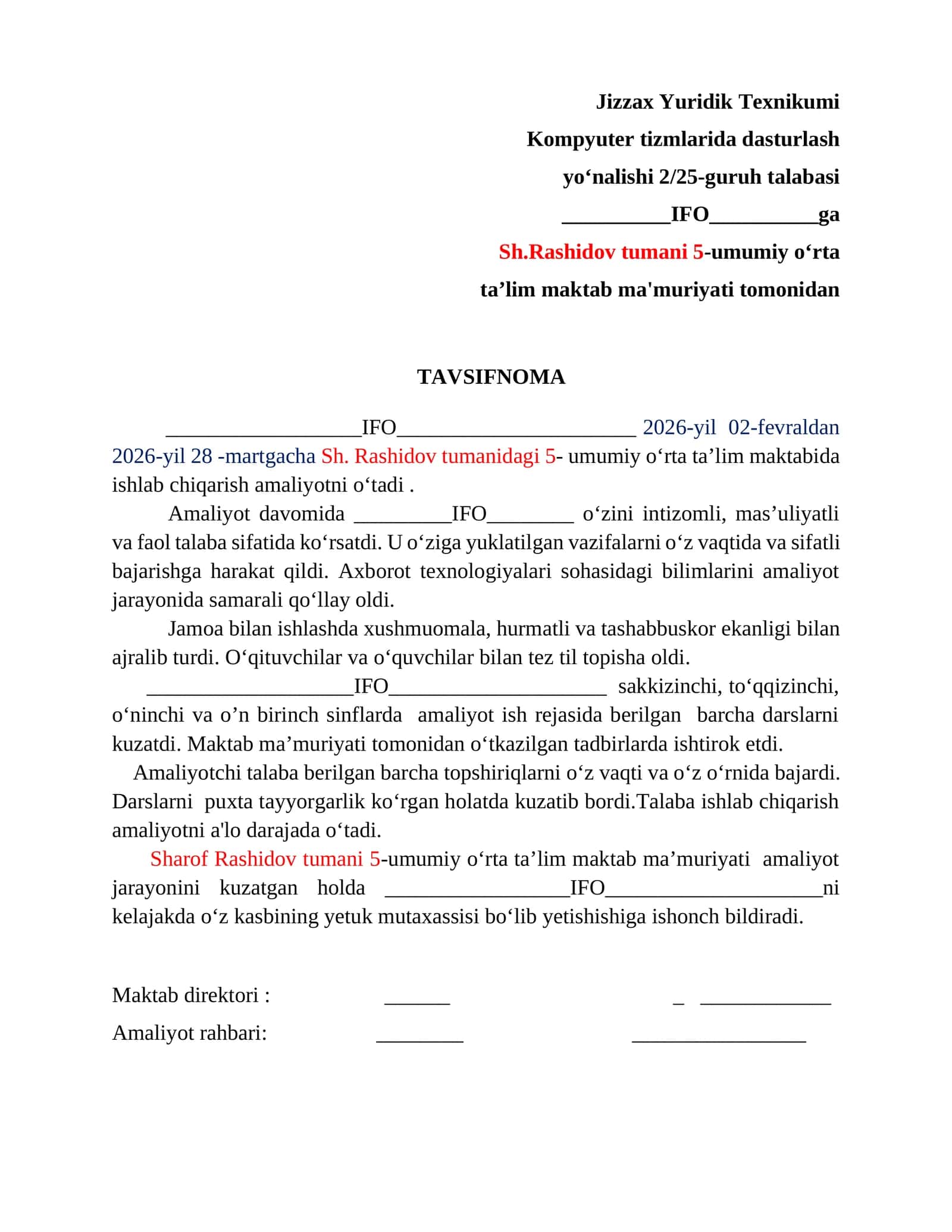 Amalyotchilar uchin TAVSIFNOMA 1
