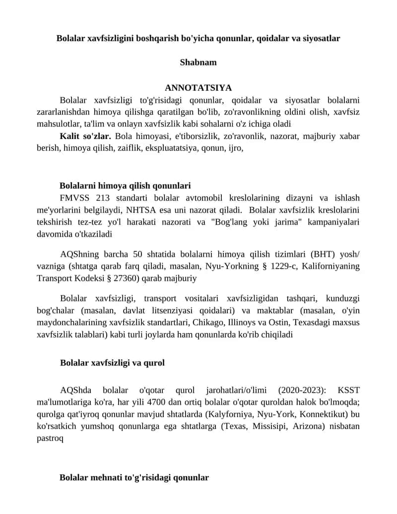 Bolalar xavfsizligini boshqarish bo'yicha qonunlar, qoidalar va siyosatlar 1