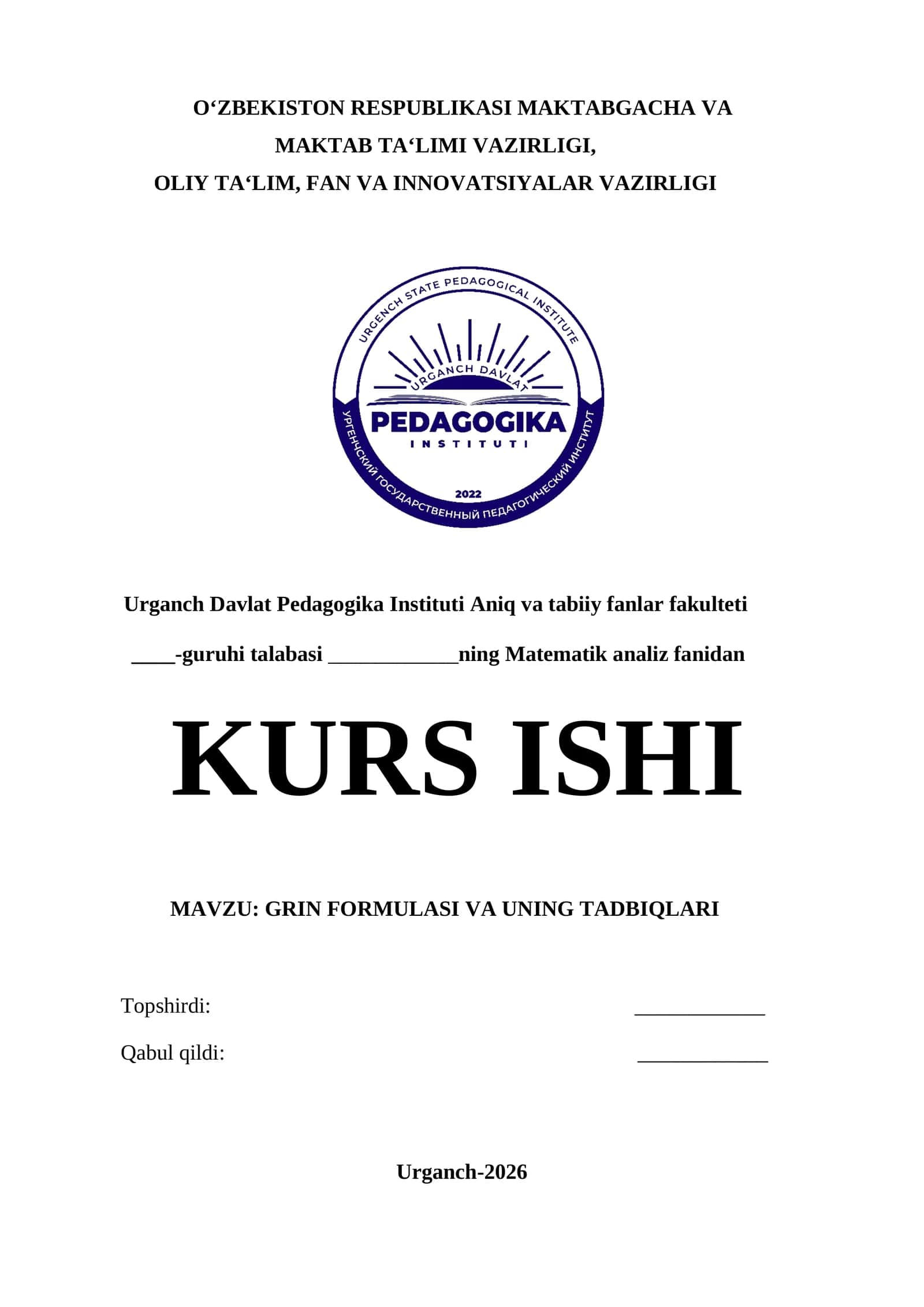 GRIN FORMULASI VA UNING TADBIQLARI 1