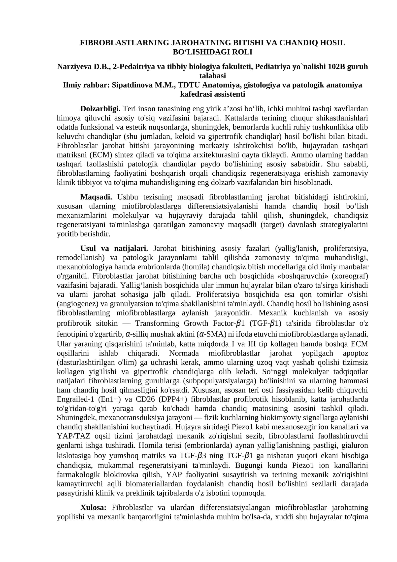 FIBROBLASTLARNING JAROHATNING BITISHI VA CHANDIQ HOSIL BO‘LISHIDAGI ROLI 1