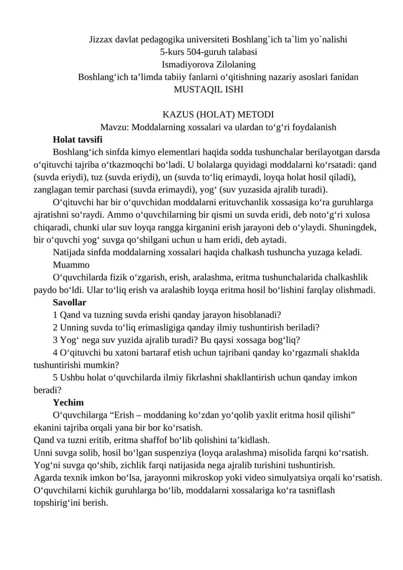 KAZUS (HOLAT) METODI 1