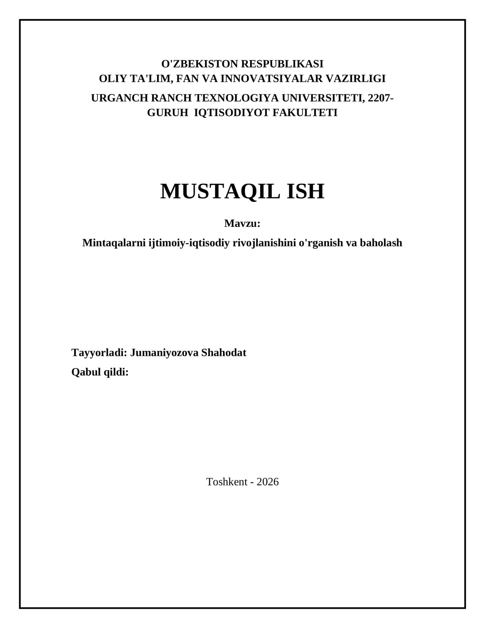Mintaqalarni ijtimoiy-iqtisodiy rivojlanishini o'rganish va baholash 1