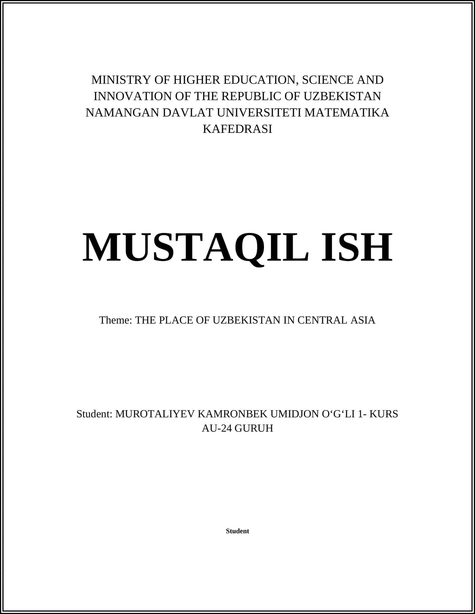 Mustaqil ish on "The Place of Uzbekistan in Central Asia" 1