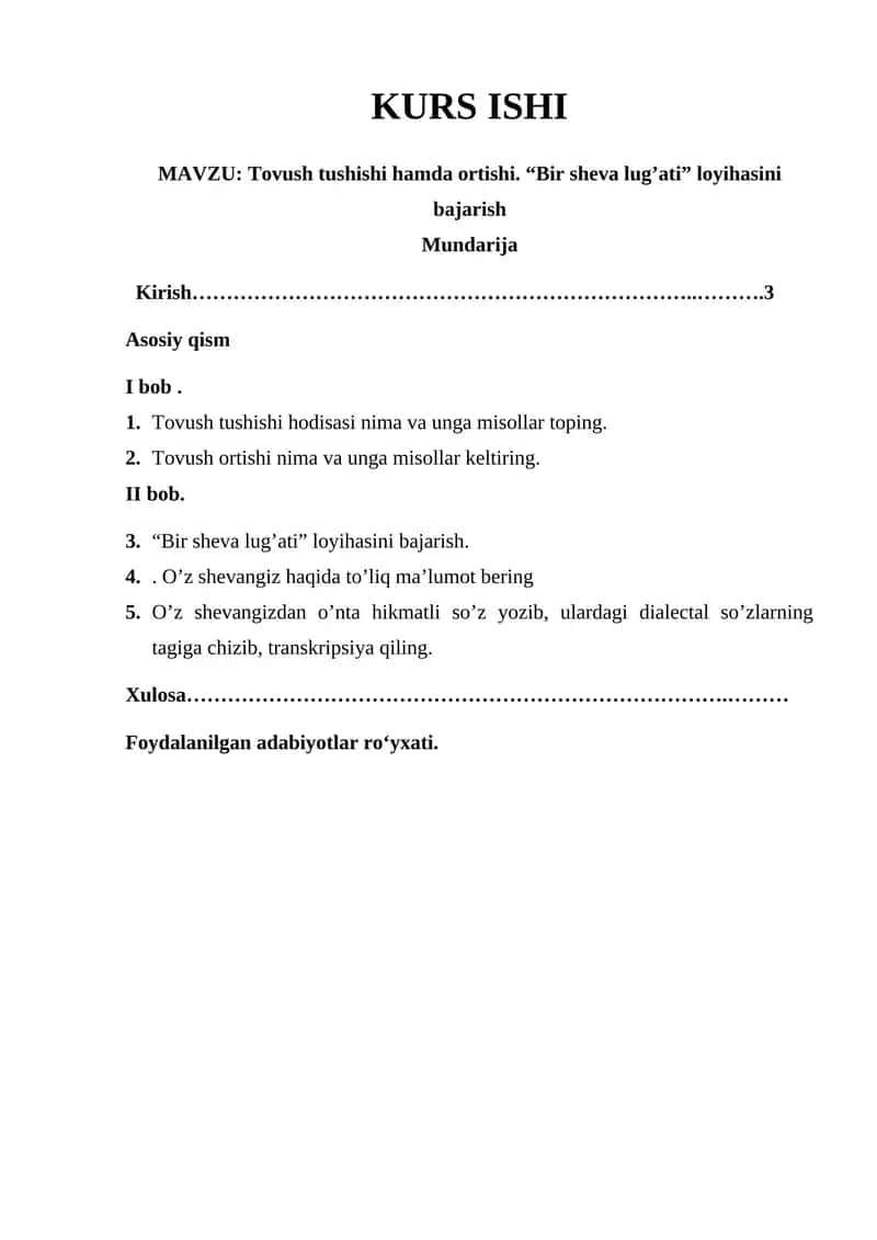 Tovush tushishi hamda ortishi. “Bir sheva lug’ati” loyihasini bajarish 1