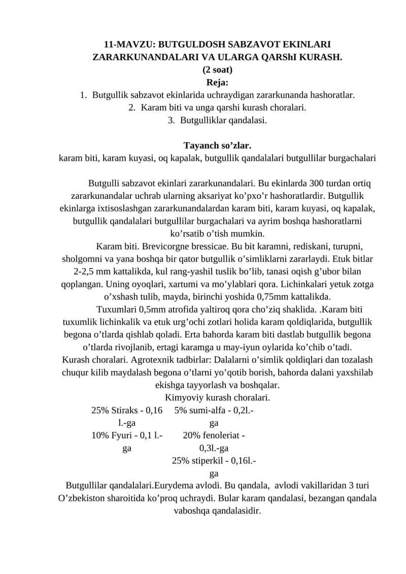 BUTGULDOSH SABZAVOT EKINLARI ZARARKUNANDALARI VA ULARGA QARShI KURASH 1