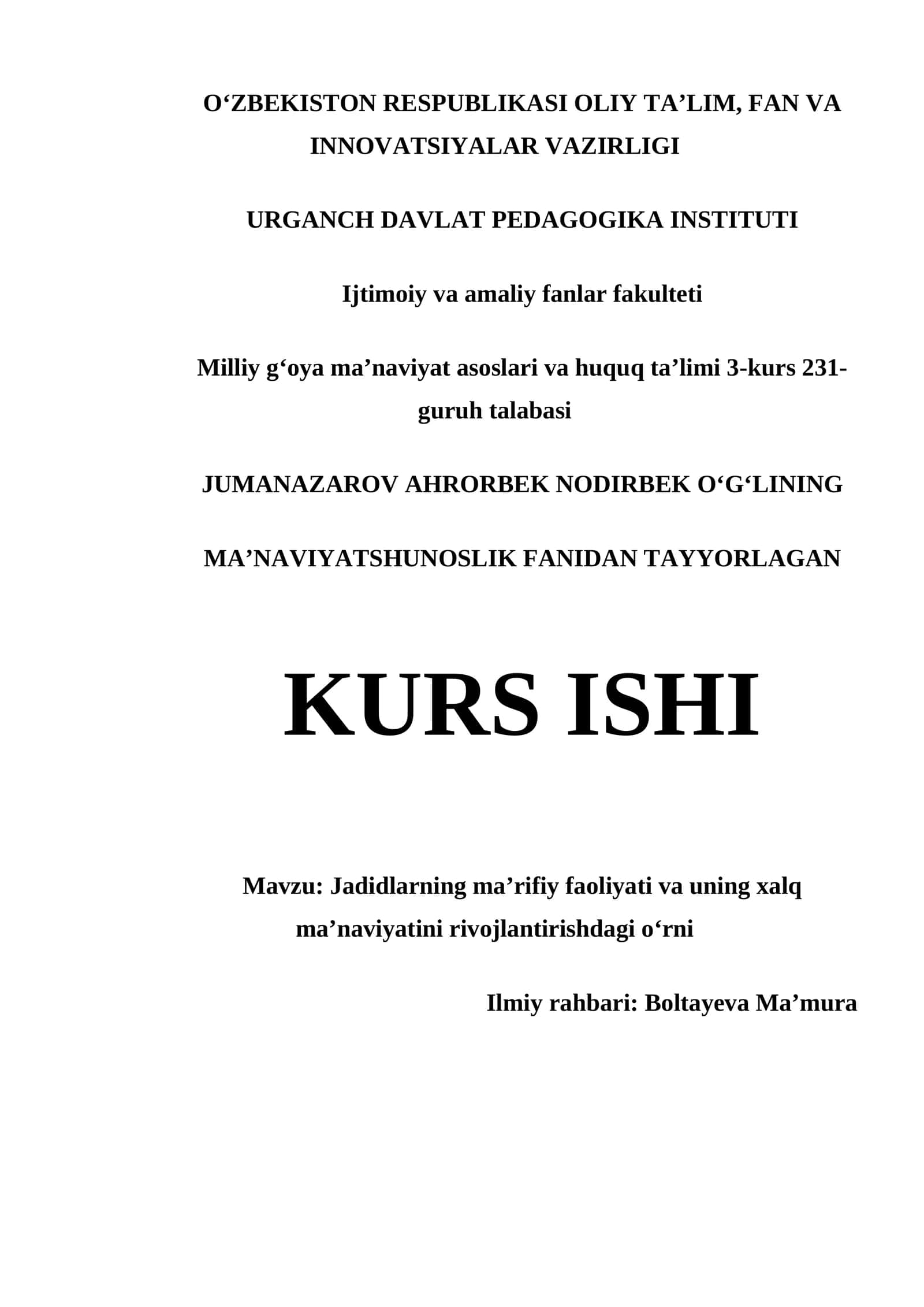 MAʼNAVIYATSHUNOSLIK FANIDAN TAYYORLAGAN KURS ISHI 1