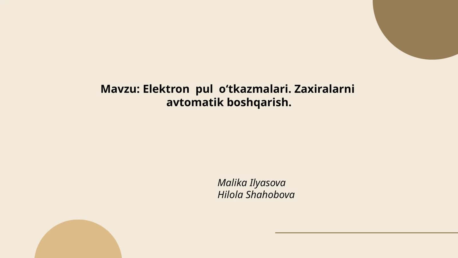 Elektron pul oʻtkazmalari. Zaxiralarni avtomatik boshqarish 1