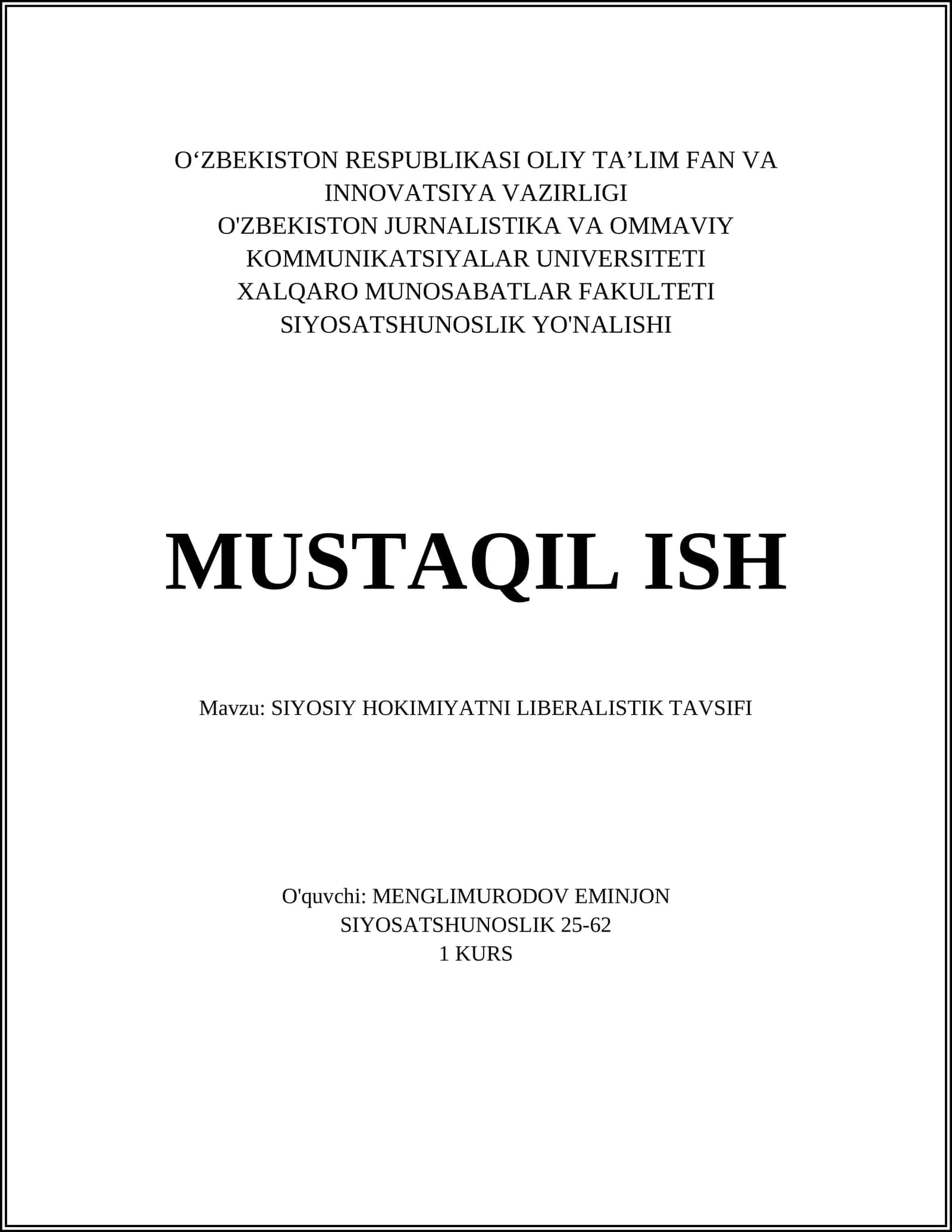 SIYOSIY HOKIMIYATNI LIBERALISTIK TAVSIFI 1