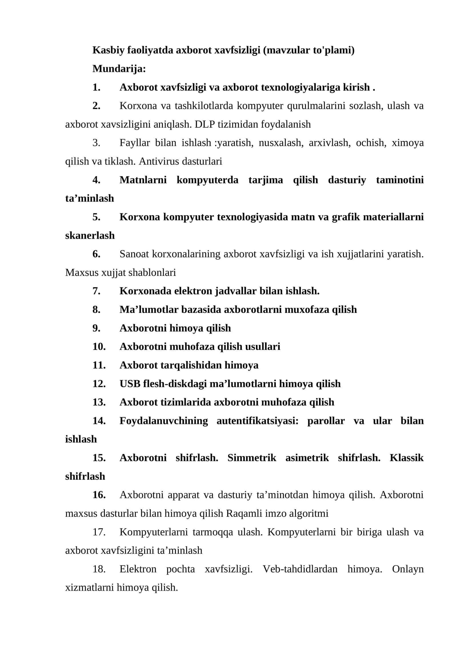 Kasbiy faoliyatda axborot xavfsizligi (mavzular to'plami) 1