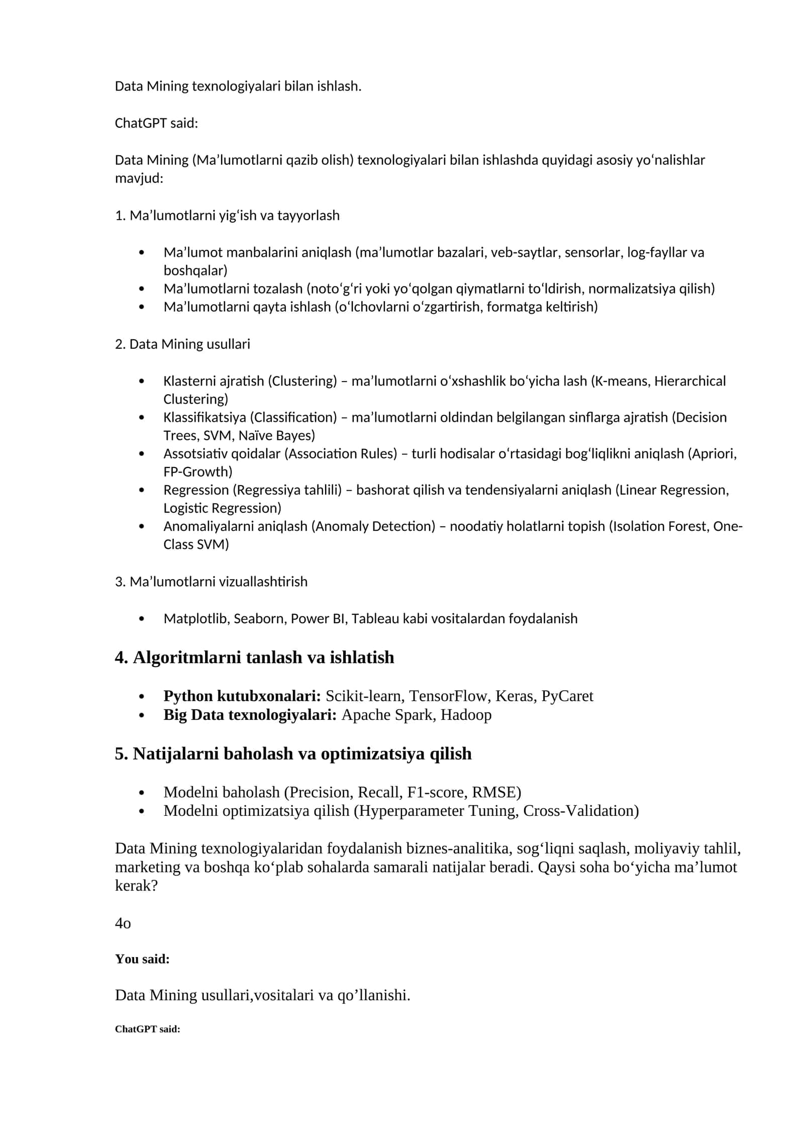 Data Mining texnologiyalari bilan ishlash 1