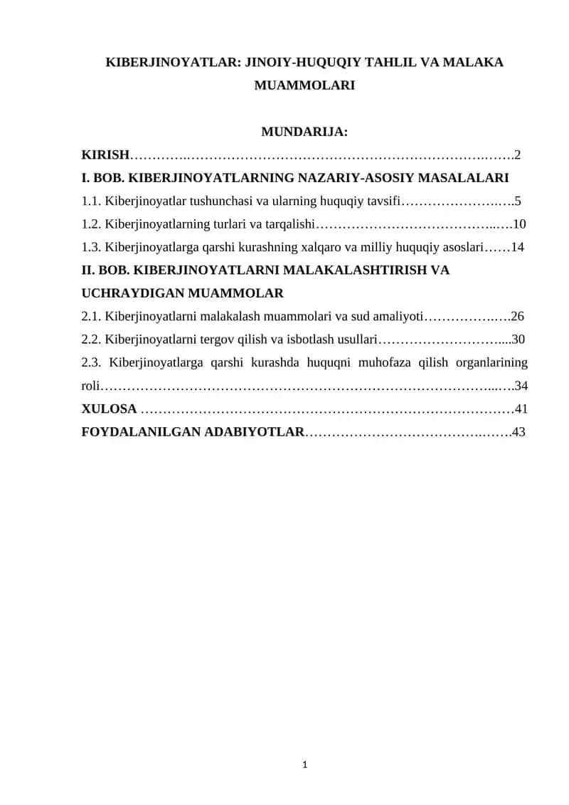 KIBERJINOYATLAR: JINOIY-HUQUQIY TAHLIL VA MALAKA MUAMMOLARI 1
