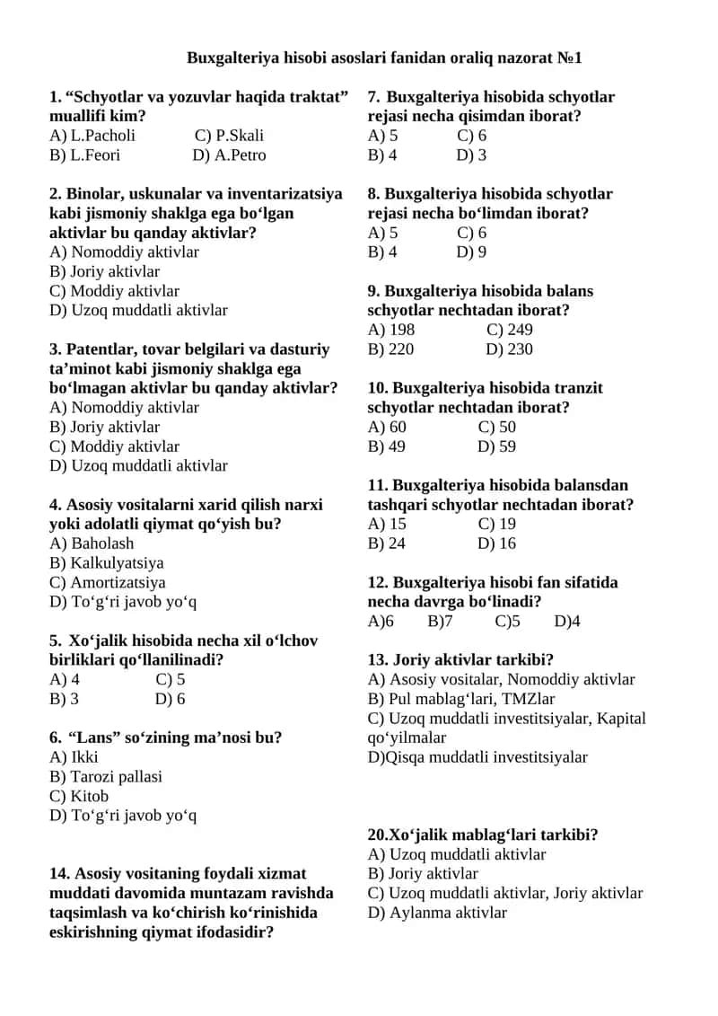 Buxgalteriya hisobi asoslari fanidan oraliq nazorat 1 1