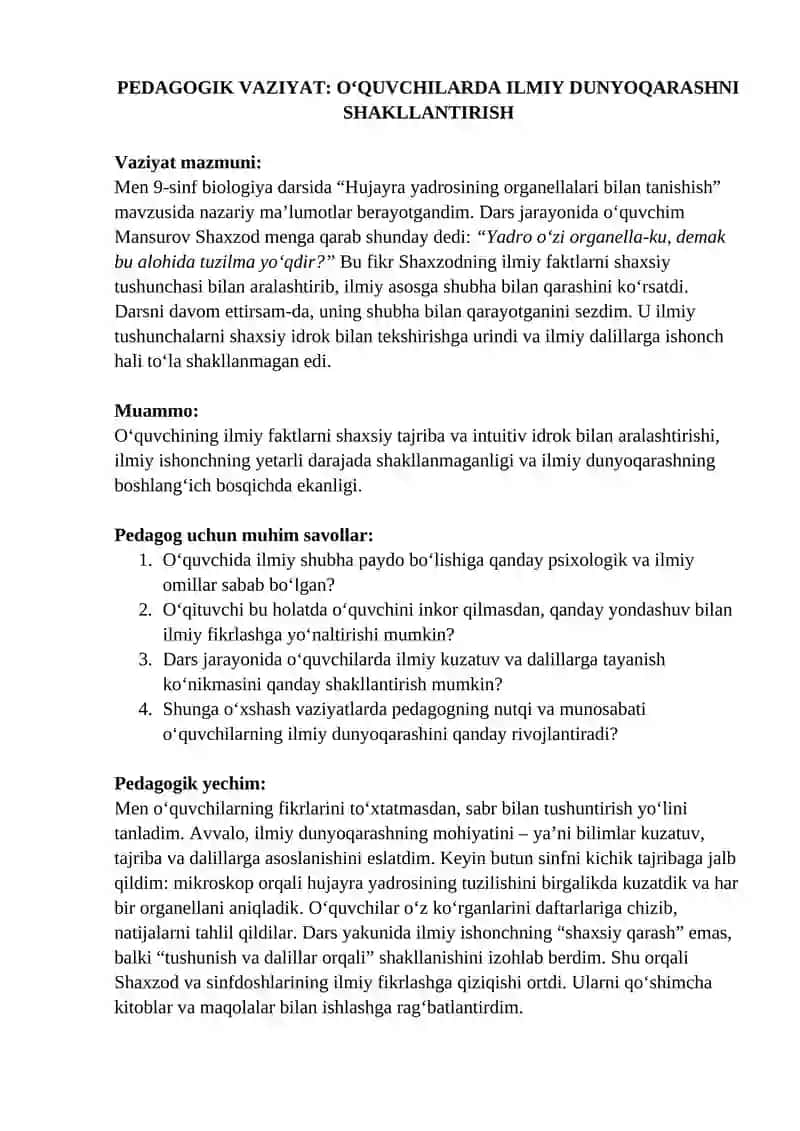 PEDAGOGIK VAZIYAT: O‘QUVCHILARDA ILMIY DUNYOQARASHNI SHAKLLANTIRISH