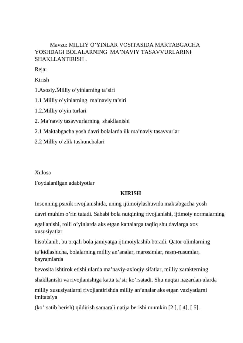 MILLIY O’YINLAR VOSITASIDA MAKTABGACHA YOSHDAGI BOLALARNING MA’NAVIY TASAVVURLARINI SHAKLLANTIRISH 1