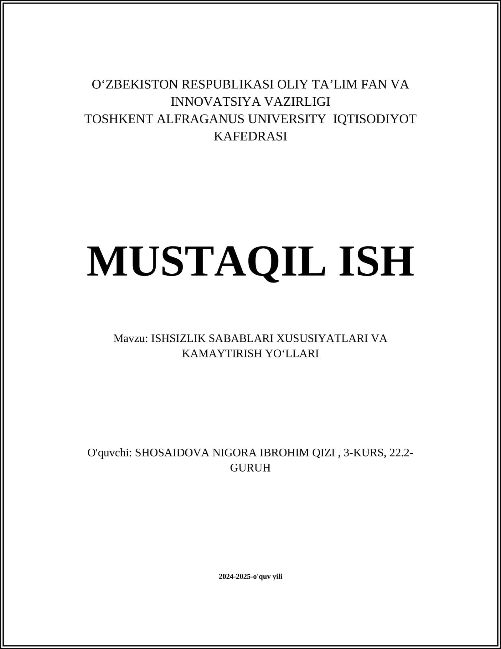 ISHSIZLIK SABABLARI XUSUSIYATLARI VA KAMAYTIRISH YOʻLLARI 1
