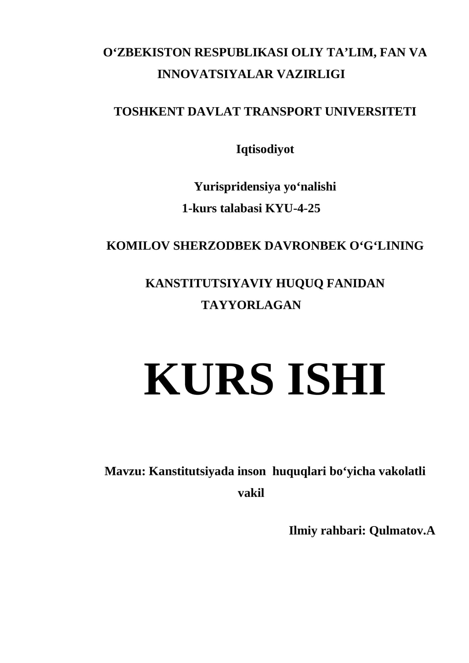 KANSTITUTSIYADA INSON HUQUQLARI BOʻYICHA VAKOLATLI VAKIL MUNDARIJA 1