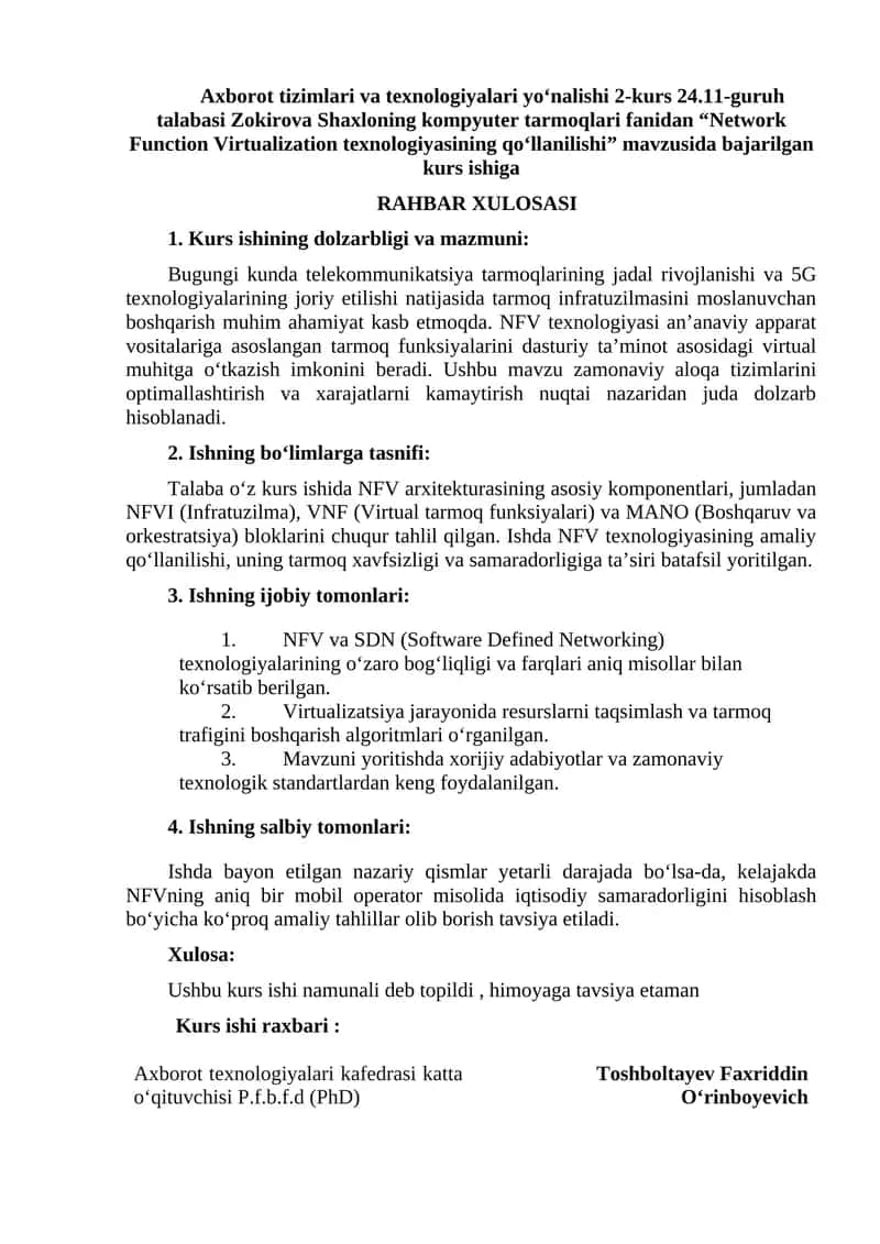 Network Function Virtualization texnologiyasining qo‘llanilishi kurs ishi 1