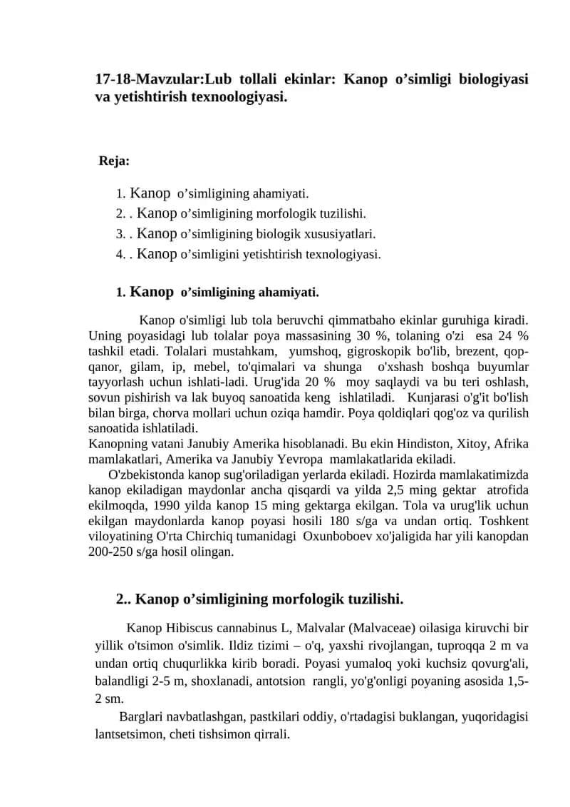 Lub tollali ekinlar: Kanop o’simligi biologiyasi va yetishtirish texnoologiyasi 1