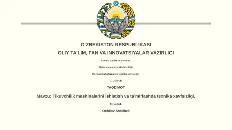 Tikuvchilik mashinalarini ishlatish va ta’mirlashda texnika xavfsizligi 1