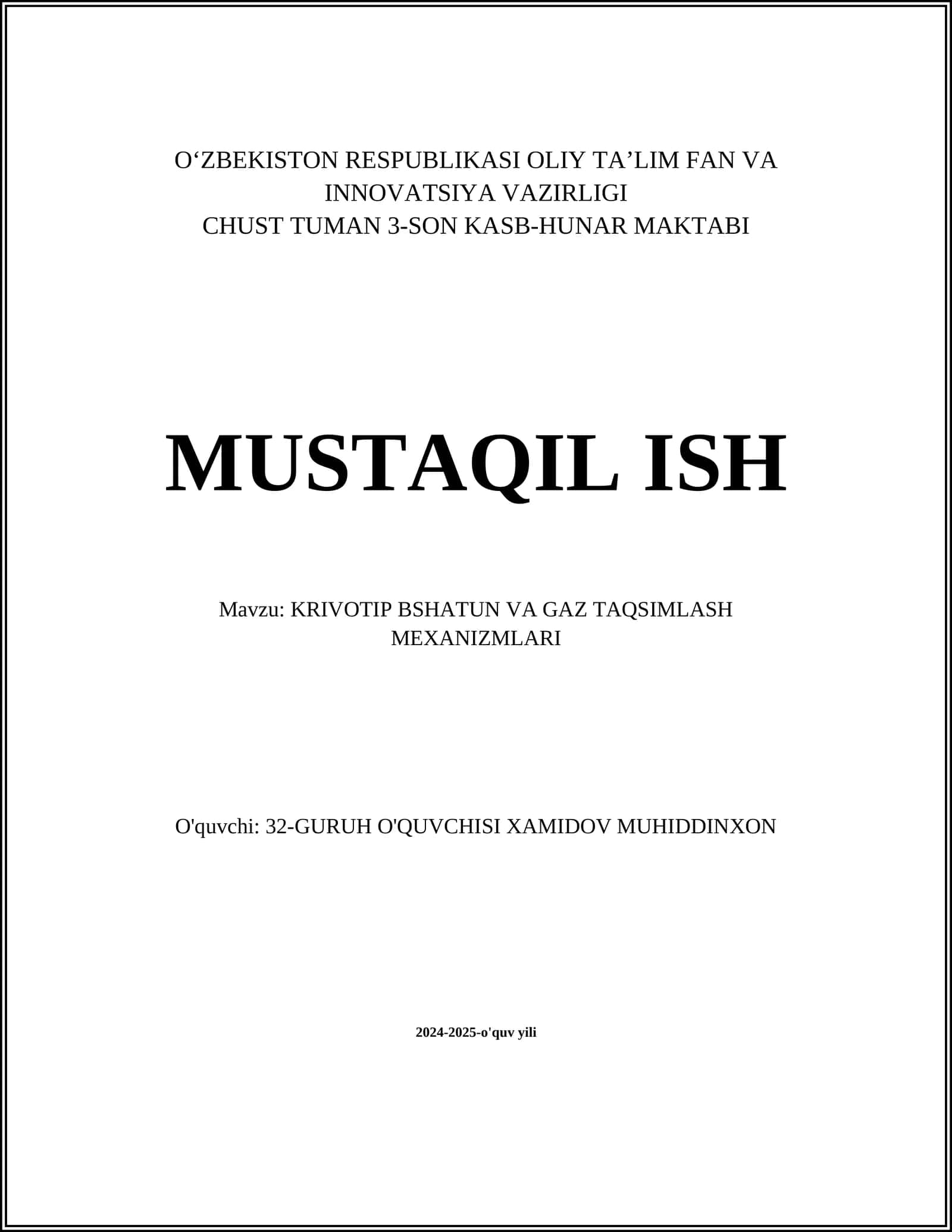 KRIVOTIP BSHATUN VA GAZ TAQSIMLASH MEXANIZMLARI 1
