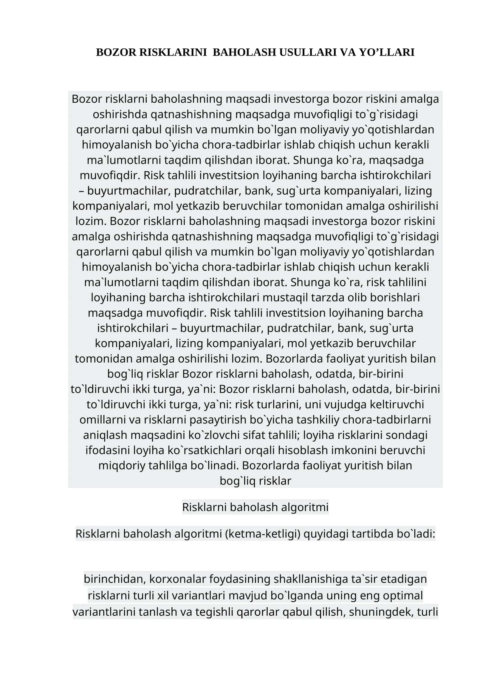 Bozor risklarni baholash usullari va yo'llari 1